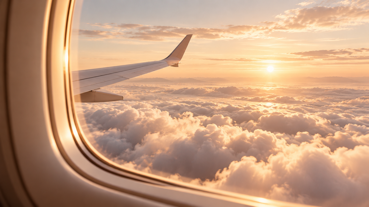 Blick aus dem Flugzeugfenster über den Wolken