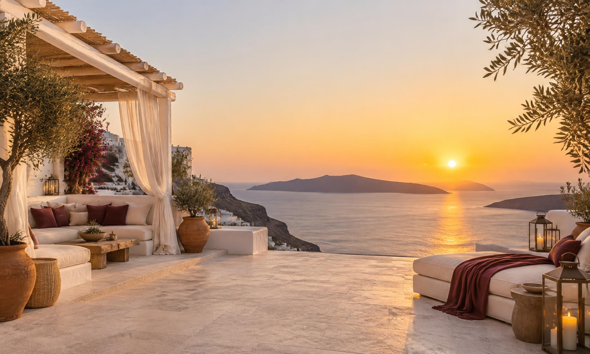 Helle mediterrane Terrasse mit weitem Blick auf das Meer